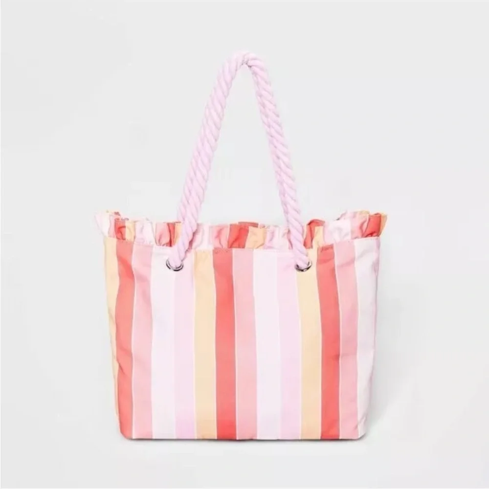 Cat & Jack Striped Coral Peach Pink Striped rope handle Tote Bag
